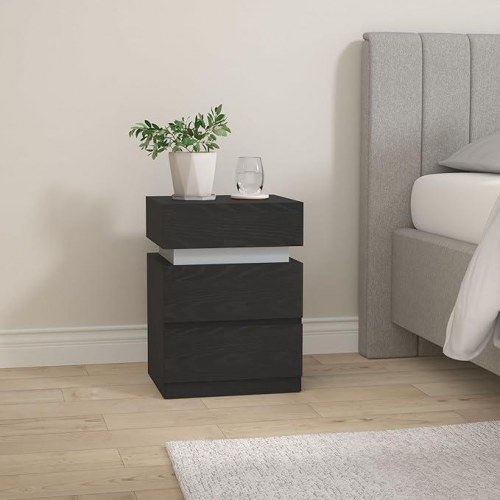 Sengebord med LED lys VASAGLE – 3 skuffer, sort træstruktur, 35 × 40 × 55 cm