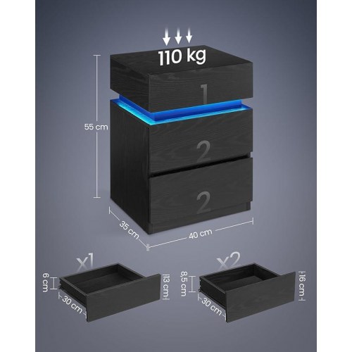 Sengebord med LED lys VASAGLE – 3 skuffer, sort træstruktur, 35 × 40 × 55 cm