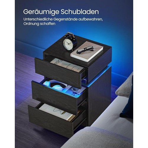 Sengebord med LED lys VASAGLE – 3 skuffer, sort træstruktur, 35 × 40 × 55 cm