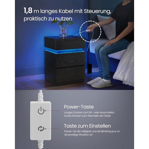 Sengebord med LED lys VASAGLE – 3 skuffer, sort træstruktur, 35 × 40 × 55 cm