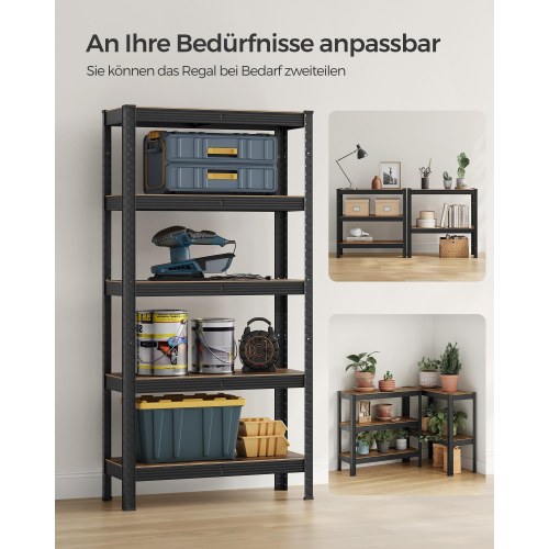 Reolsystem metal 30 × 75 × 150 cm, 650 kg, justerbare hylder, industrielt look, rustik brun/sort