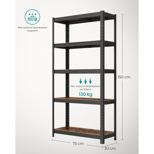Reolsystem metal 30 × 75 × 150 cm, 650 kg, justerbare hylder, industrielt look, rustik brun/sort