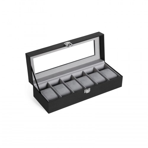 Urboks med glaslåg 6 rum, sort kunstlæder, grå foring, 30 × 11,2 × 8 cm