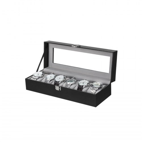 Urboks med glaslåg 6 rum, sort kunstlæder, grå foring, 30 × 11,2 × 8 cm