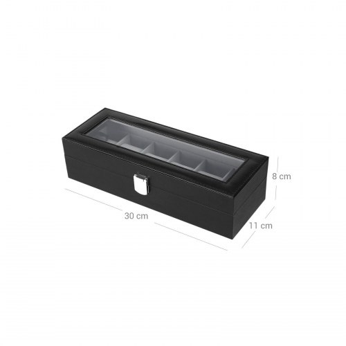 Urboks med glaslåg 6 rum, sort kunstlæder, grå foring, 30 × 11,2 × 8 cm