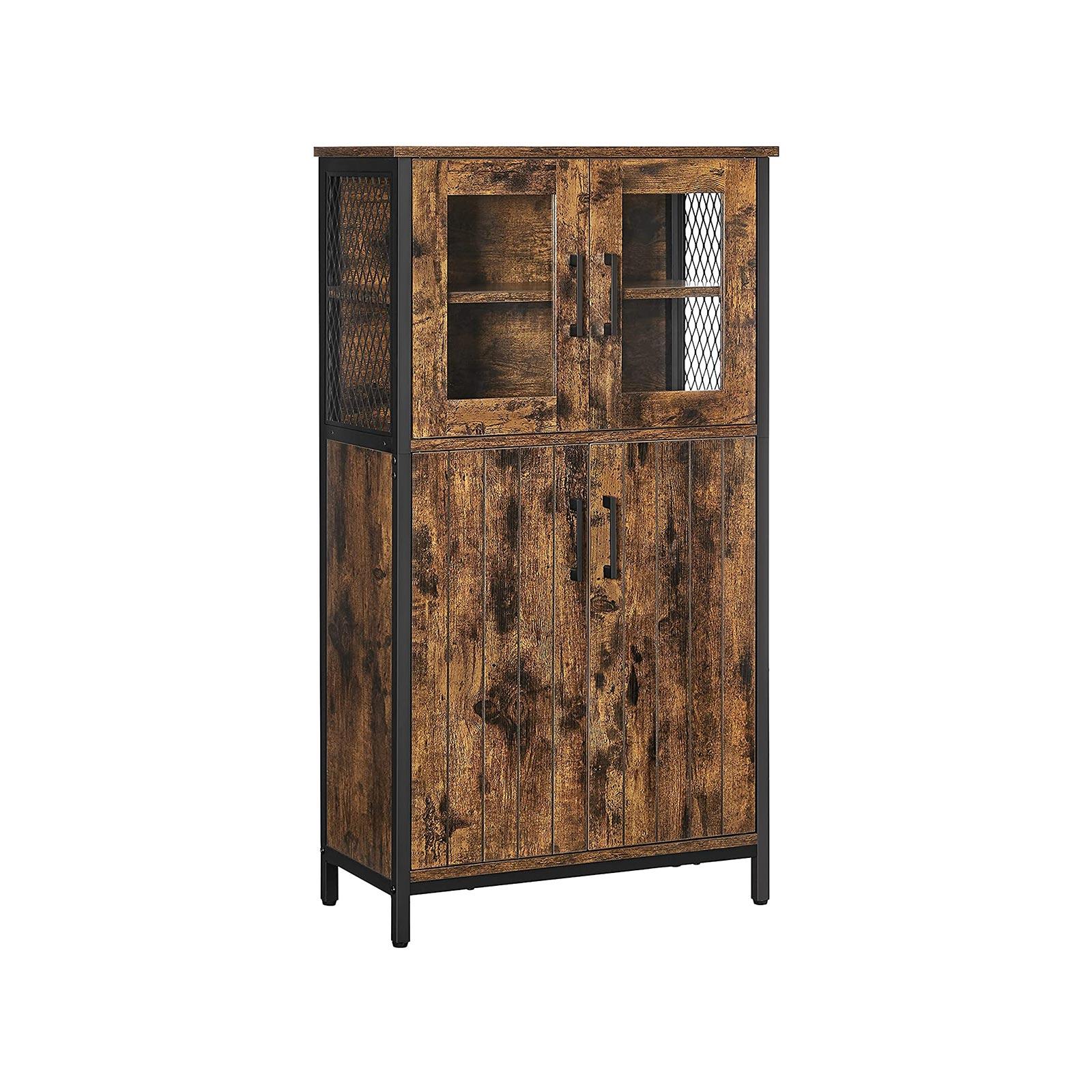 Opbevaringsskab i industrielt design rustik brun/sort, med glas- og lameldøre, justerbar hylde, stålkonstruktion, 60 × 30 × 108 cm