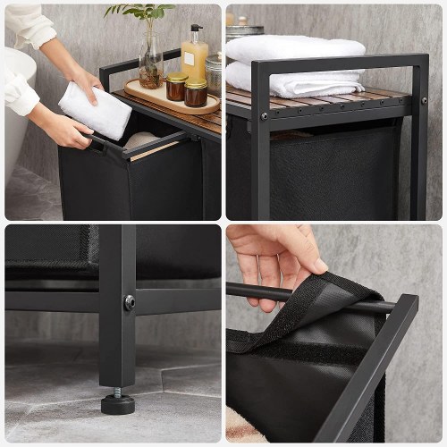 Vasketøjskurv med 2 rum – VASAGLE, 2 x 46 l, 73 × 33 × 72 cm, rustik brun/sort