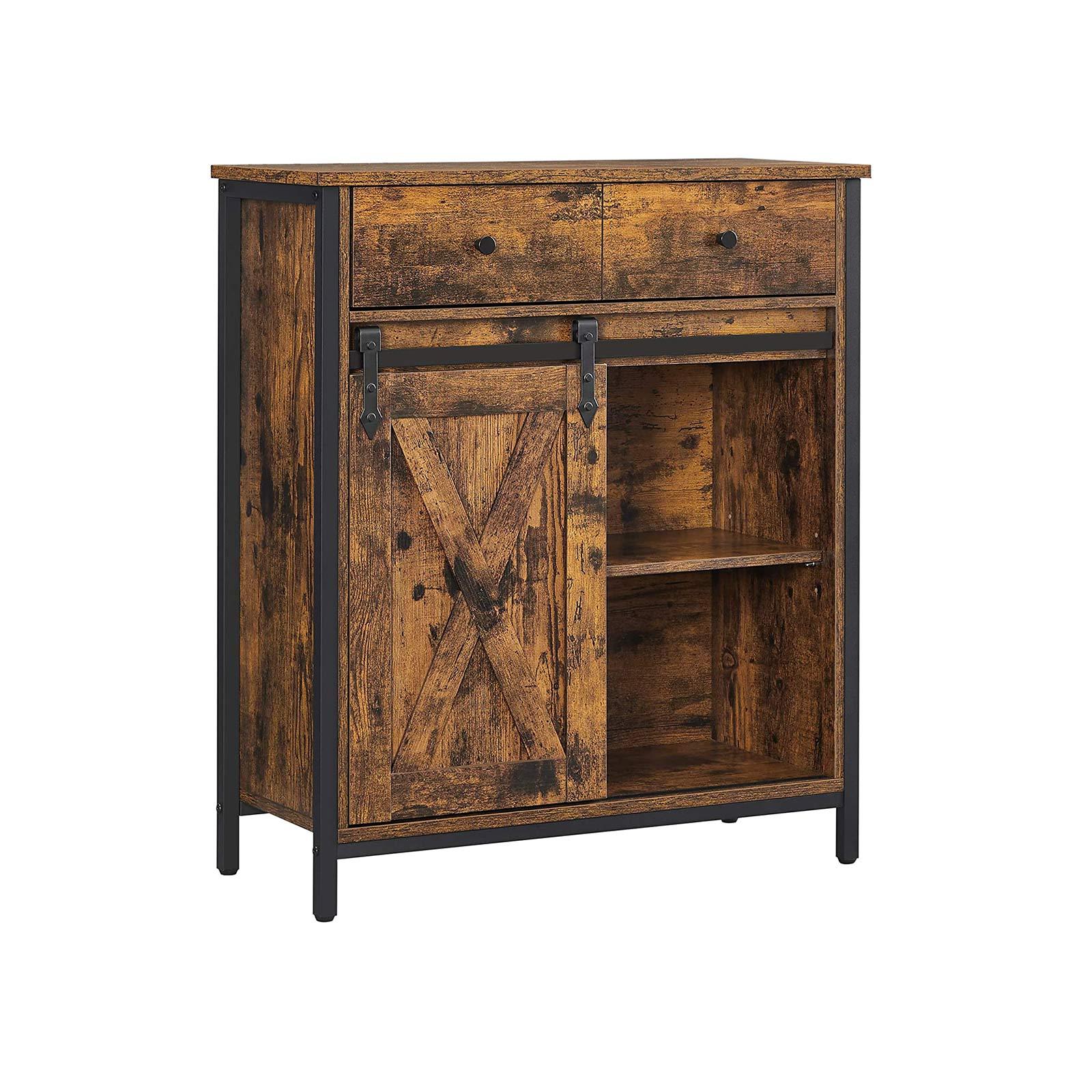 Opbevaringsskab med skydedør industrielt sidebord/kommode, rustik brun/sort, 70 × 30 × 80 cm