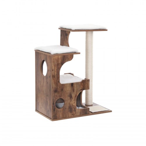 Kattetræ – FEANDREA 86 cm, mellem kattetårn med 3 liggepladser og hule, MDF med træfiner, sisalstolpe og vaskbart kunstpels – rustik brun/hvid
