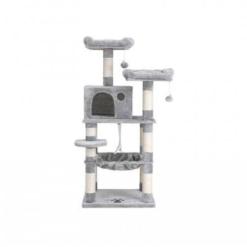 Klatretræ til kat – FEANDREA kattetræ, 143 cm, lys grå med 2 bløde udsigtsplatforme