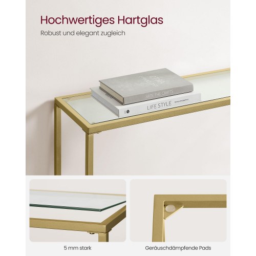 Konsolbord hærdet glas og metal, justerbare ben, pale gold/transparent, 20 × 100 × 80 cm