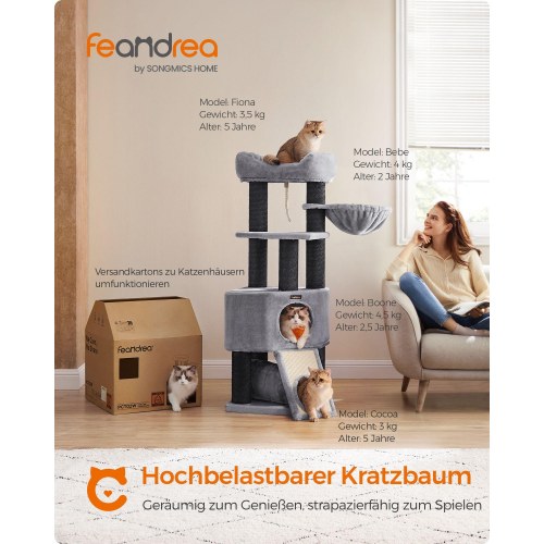 Kattetræ – FEANDREA stort kradsetræ med blød plys-kurv, hule og hængekøje, ekstra tykke sisalstolper, stabilt – lysegrå PCT02W