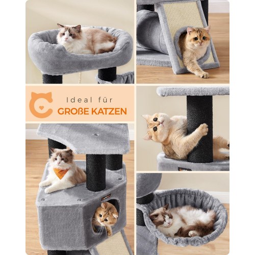 Kattetræ – FEANDREA stort kradsetræ med blød plys-kurv, hule og hængekøje, ekstra tykke sisalstolper, stabilt – lysegrå PCT02W