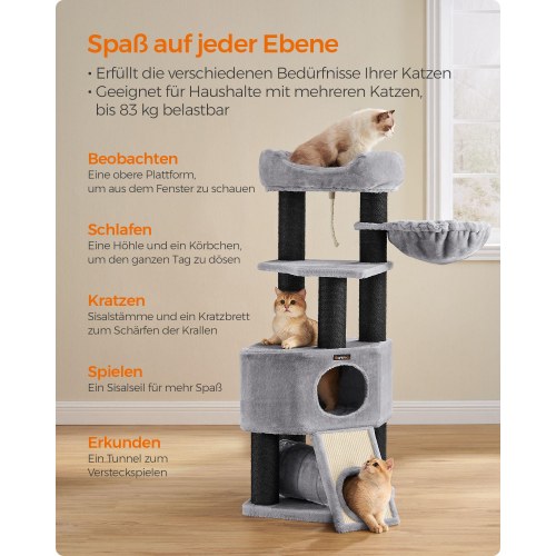 Kattetræ – FEANDREA stort kradsetræ med blød plys-kurv, hule og hængekøje, ekstra tykke sisalstolper, stabilt – lysegrå PCT02W