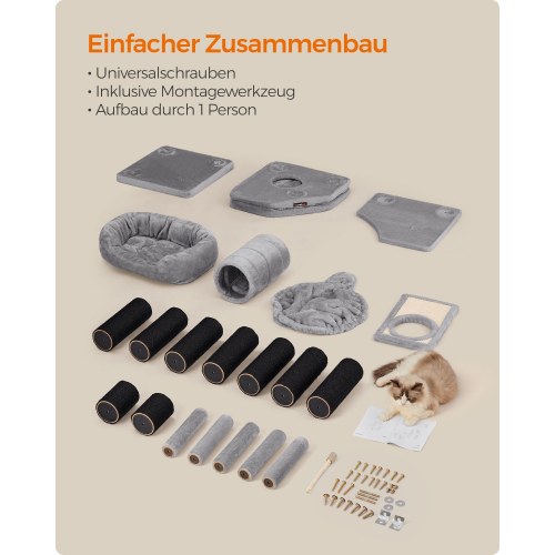 Kattetræ – FEANDREA stort kradsetræ med blød plys-kurv, hule og hængekøje, ekstra tykke sisalstolper, stabilt – lysegrå PCT02W