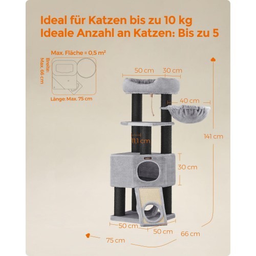 Kattetræ – FEANDREA stort kradsetræ med blød plys-kurv, hule og hængekøje, ekstra tykke sisalstolper, stabilt – lysegrå PCT02W