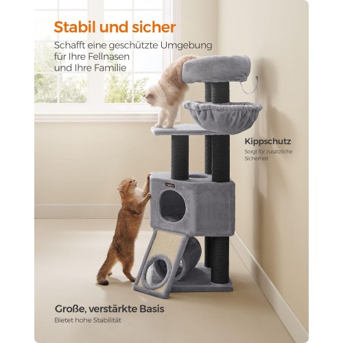 Kattetræ – FEANDREA stort kradsetræ med blød plys-kurv, hule og hængekøje, ekstra tykke sisalstolper, stabilt – lysegrå PCT02W
