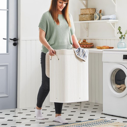 Vasketøjskurv med låg bambus, 72 l, sammenklappelig, rektangulær med 3 håndtag, 40 × 30 × 60 cm, hvid