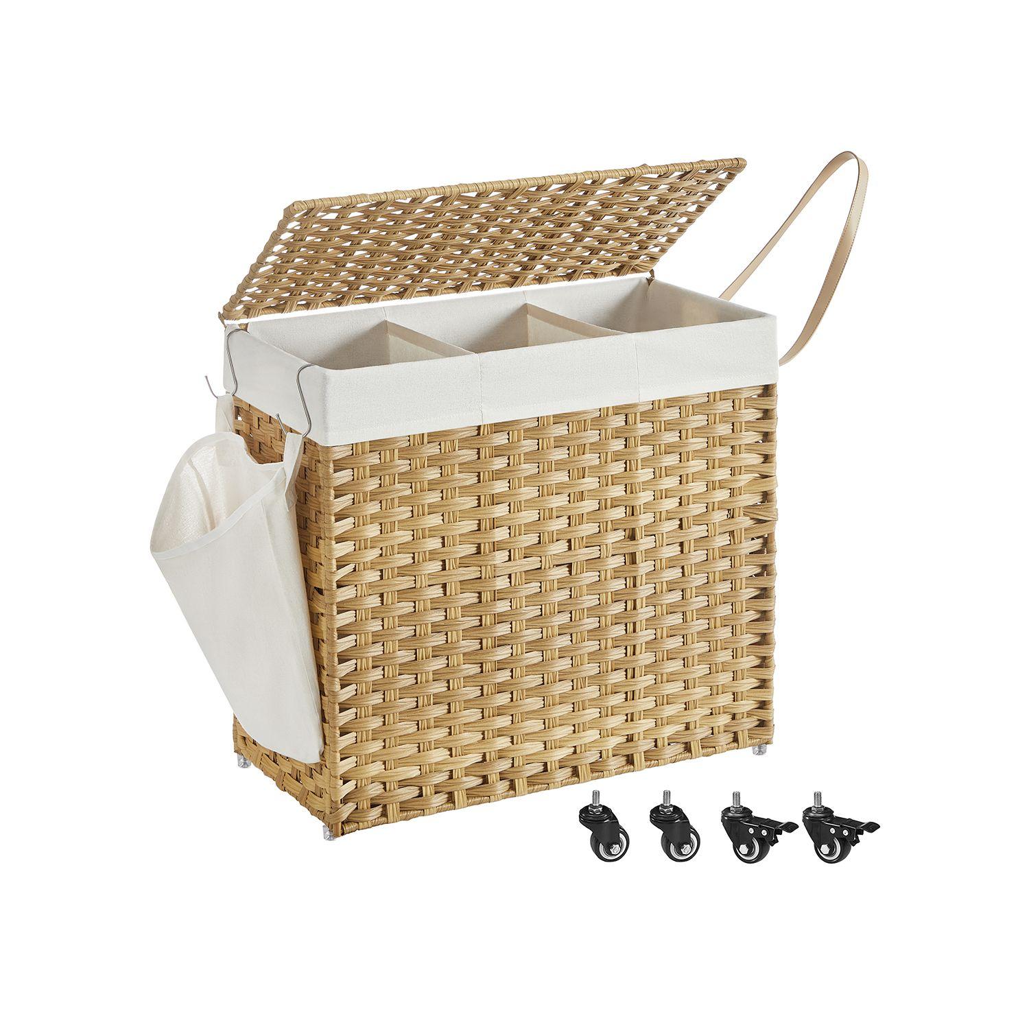 Vasketøjskurv med låg – SONGMICS, 140 l, rattan-look, 3 rum, aftagelig inderpose, hjul og håndtag, natur, 66 × 33 × 60 cm