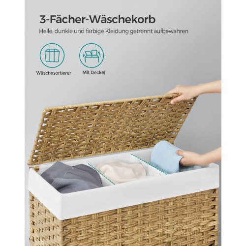 Vasketøjskurv med låg – SONGMICS, 140 l, rattan-look, 3 rum, aftagelig inderpose, hjul og håndtag, natur, 66 × 33 × 60 cm
