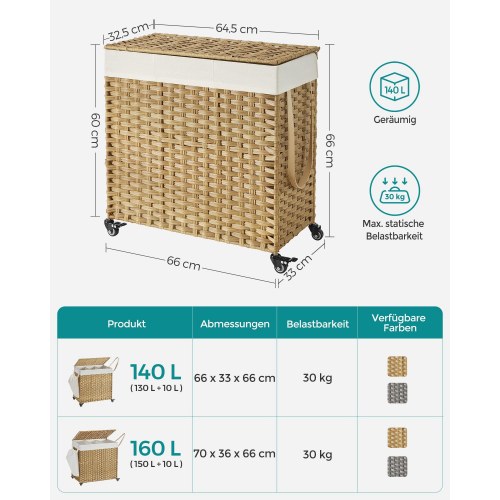 Vasketøjskurv med låg – SONGMICS, 140 l, rattan-look, 3 rum, aftagelig inderpose, hjul og håndtag, natur, 66 × 33 × 60 cm
