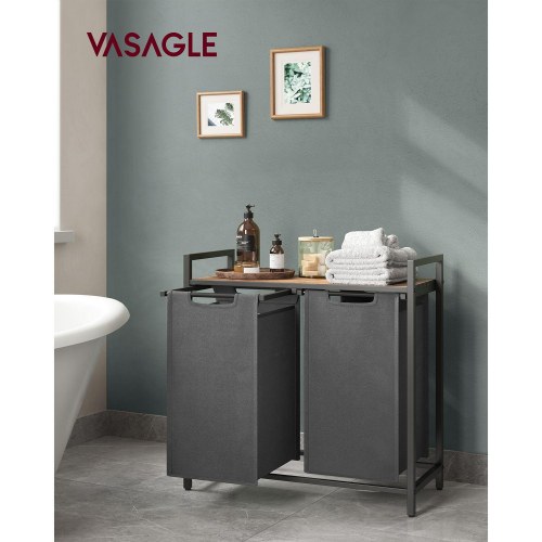 Vasketøjskurv med 2 rum udtrækkelige poser, stålramme, 2 × 46 l, 73 × 33 × 72 cm, rustik brun/grå