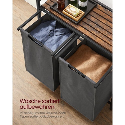 Vasketøjskurv med 2 rum udtrækkelige poser, stålramme, 2 × 46 l, 73 × 33 × 72 cm, rustik brun/grå