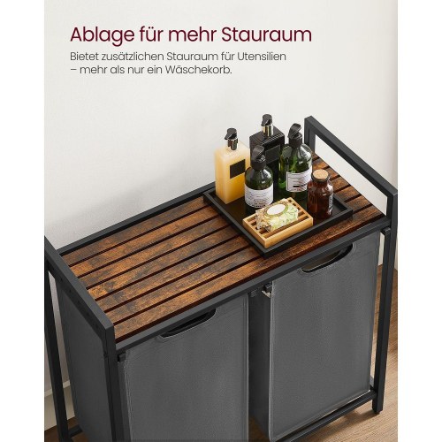 Vasketøjskurv med 2 rum udtrækkelige poser, stålramme, 2 × 46 l, 73 × 33 × 72 cm, rustik brun/grå