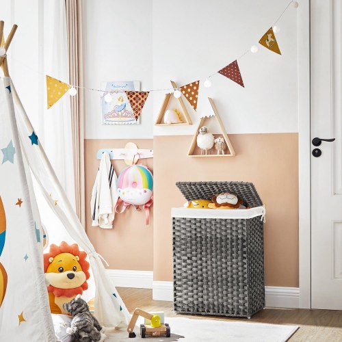 Vasketøjskurv 90 l håndflettet i syntetisk rattan, med låg og håndtag, grå