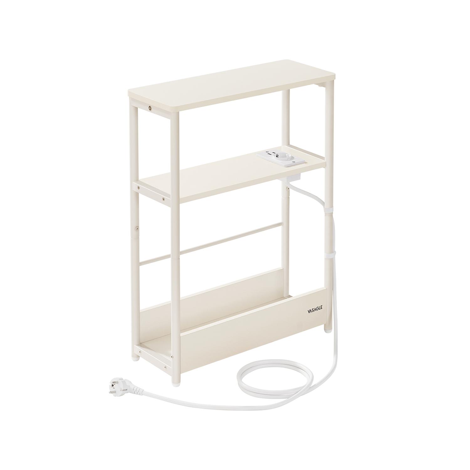 Smalt sidebord med strømudtag 3 niveauer, magasinholder, cremehvid LET335W02