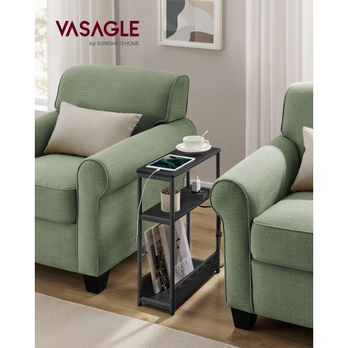 Sidebord med stikdåse smalt 3-etagers bord, med magasinholder, til stue/soveværelse/kontor, ibenholt-sort/inksort