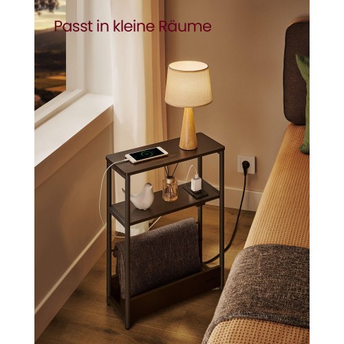Sidebord med stikdåse smalt 3-etagers bord, med magasinholder, til stue/soveværelse/kontor, ibenholt-sort/inksort