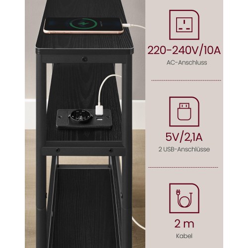 Sidebord med stikdåse smalt 3-etagers bord, med magasinholder, til stue/soveværelse/kontor, ibenholt-sort/inksort