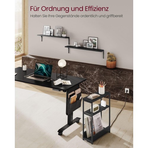 Sidebord med stikdåse smalt 3-etagers bord, med magasinholder, til stue/soveværelse/kontor, ibenholt-sort/inksort