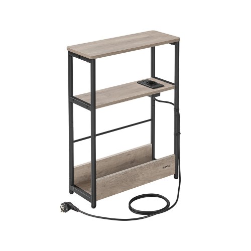 Sidebord med stikkontakt slankt 3-niveaus sofabord/natbord, magasinholder, Heather Greige/Ink Black