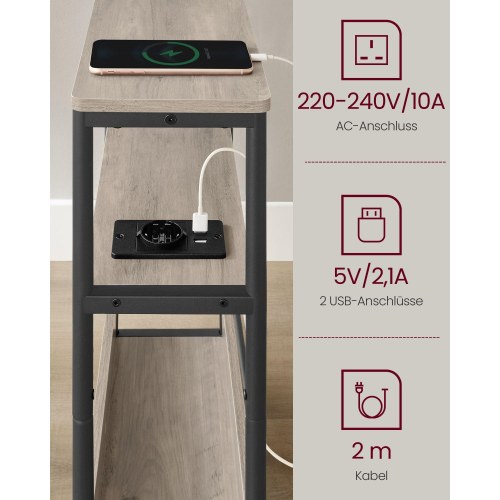 Sidebord med stikkontakt slankt 3-niveaus sofabord/natbord, magasinholder, Heather Greige/Ink Black