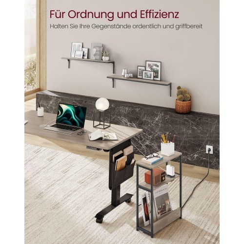 Sidebord med stikkontakt slankt 3-niveaus sofabord/natbord, magasinholder, Heather Greige/Ink Black