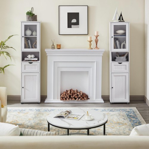 Højt badeværelsesskab VASAGLE – smalt kolonnemøbel med justerbare hylder, glasdør og skuffe, hvid træstruktur (BBK163T44)