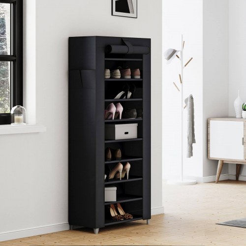 Skoreol med 10 hylder stofskab, stor kapacitet, støvafvisende, 58 × 28 × 160 cm, sort