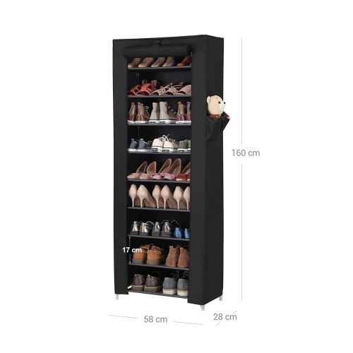 Skoreol med 10 hylder stofskab, stor kapacitet, støvafvisende, 58 × 28 × 160 cm, sort