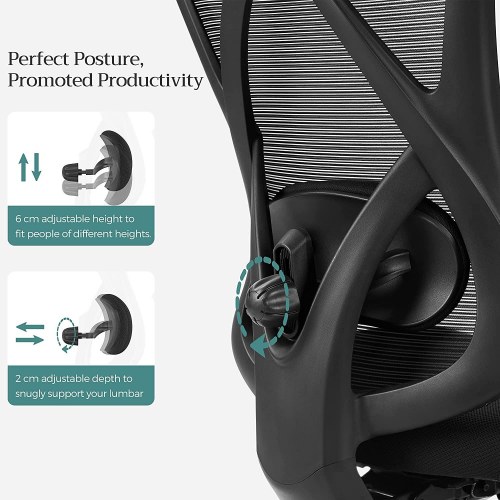 Kontorstol med net ergonomisk skrivebordsstol, justerbar lændestøtte og nakkestøtte, 150 kg, højdejusterbar, sort (OBN063B01)