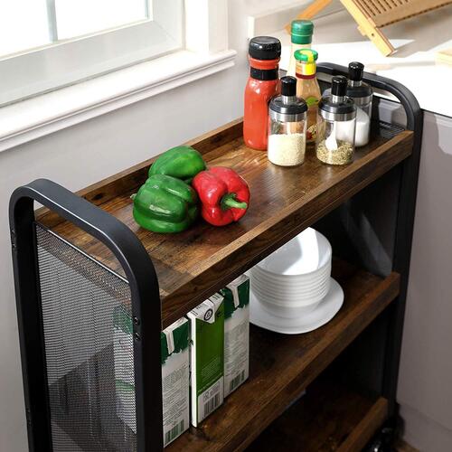Rullebord køkken – VASAGLE industrielt serveringsbord, 3 hylder, rustik brun, 66 × 26 × 85 cm