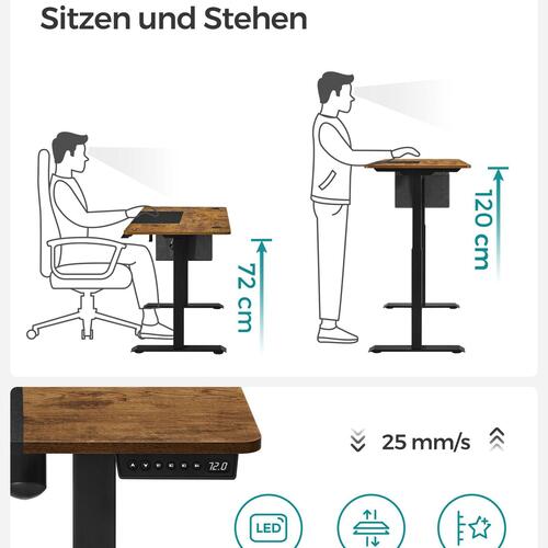 Hæve-sænkebord elektrisk – SONGMICS, 60 × 140 × 72–120 cm, hukommelse med 4 højder, lastbeskyttelse, vintage brun/sort (LSD016X01)