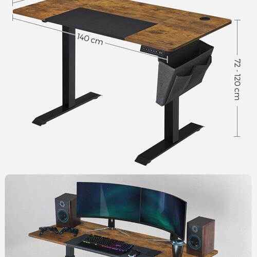 Hæve-sænkebord elektrisk – SONGMICS, 60 × 140 × 72–120 cm, hukommelse med 4 højder, lastbeskyttelse, vintage brun/sort (LSD016X01)