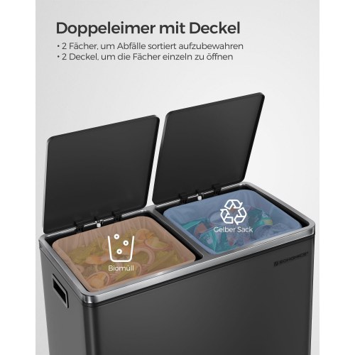 Skraldespand med dobbelt rum 2 x 30 l – SONGMICS, pedal, soft-close, sort