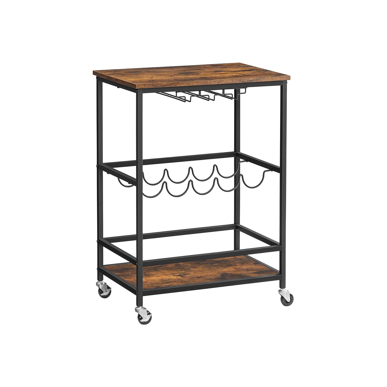 Rullebord med vin- og glasholder – VASAGLE, industrielt design, 60 × 40 × 75 cm, rustik brun/sort