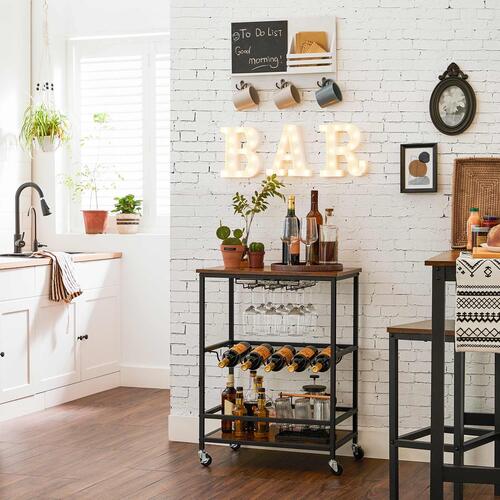Rullebord med vin- og glasholder – VASAGLE, industrielt design, 60 × 40 × 75 cm, rustik brun/sort
