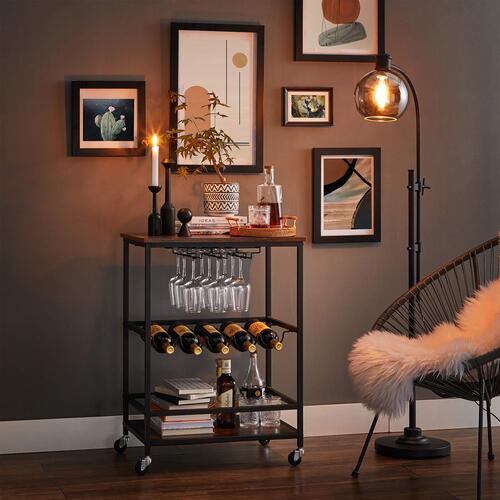 Rullebord med vin- og glasholder – VASAGLE, industrielt design, 60 × 40 × 75 cm, rustik brun/sort