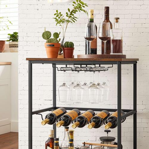 Rullebord med vin- og glasholder – VASAGLE, industrielt design, 60 × 40 × 75 cm, rustik brun/sort