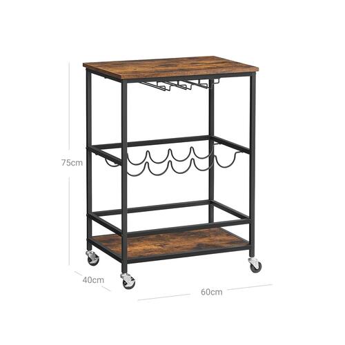 Rullebord med vin- og glasholder – VASAGLE, industrielt design, 60 × 40 × 75 cm, rustik brun/sort